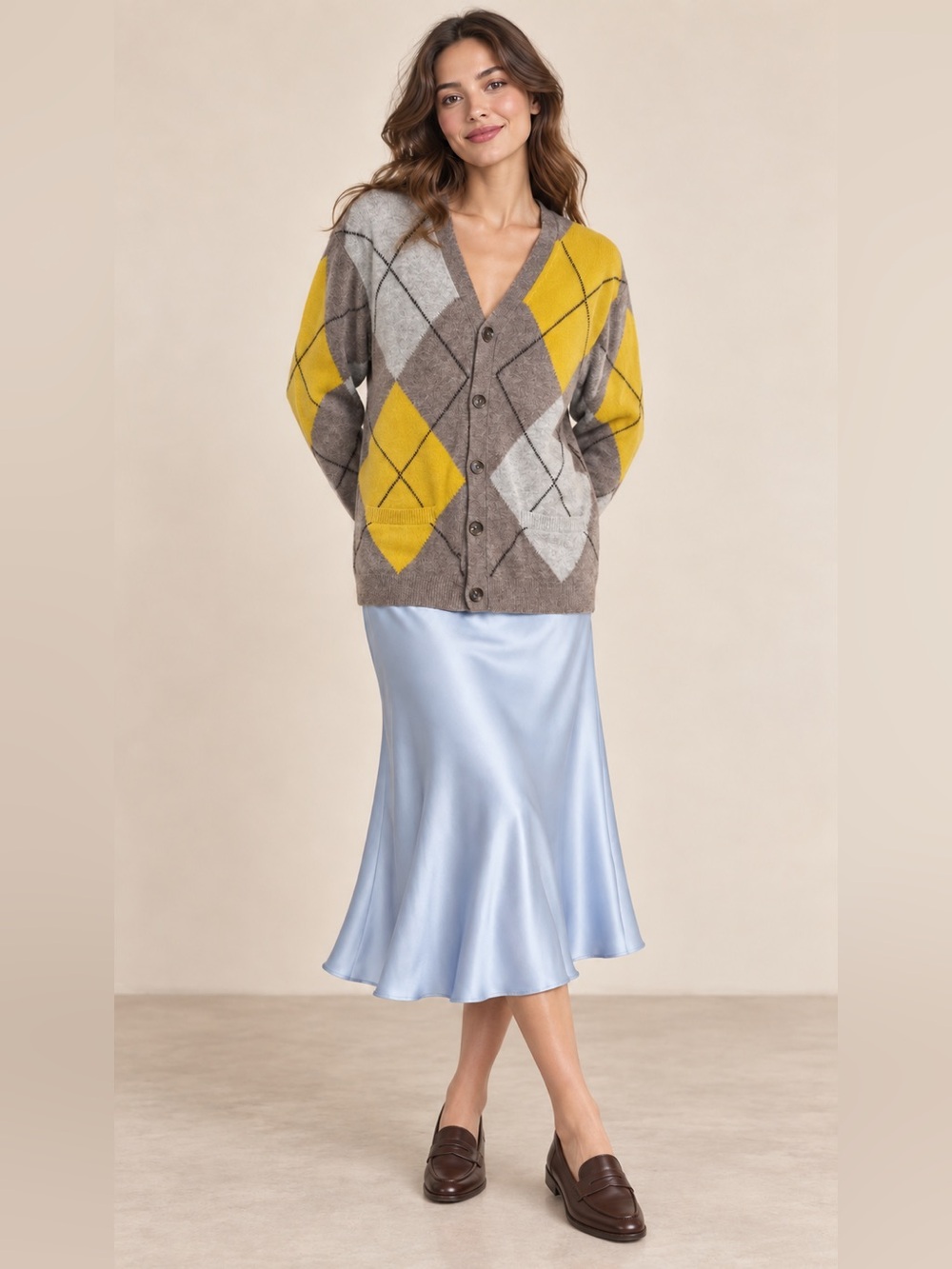 Simons Wool Argyle Cardigan Brown Yellow Preppy GrandpaCore sz XL preppy